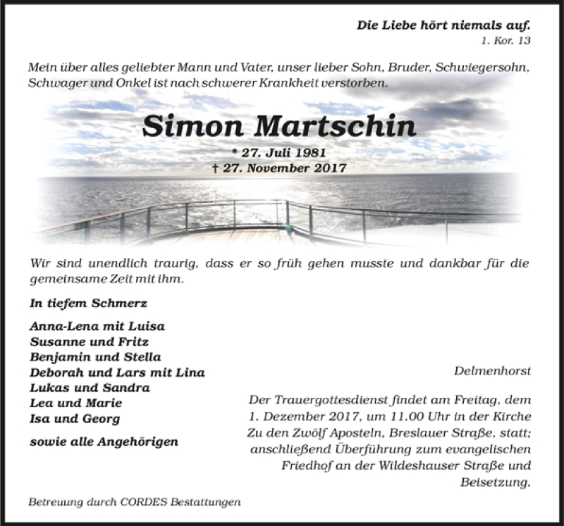  Traueranzeige für Simon Martschin vom 29.11.2017 aus Trauer.de