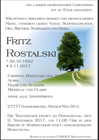 Todesanzeige von Fritz Rostalski von Trauer.de