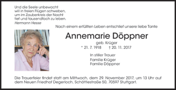 Todesanzeige von Annemarie Döppner von Trauer.de