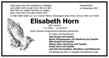 Todesanzeige von Elisabeth Horn von Trauer.de