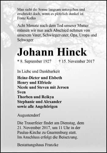 Todesanzeige von Johann Hinck von Trauer.de