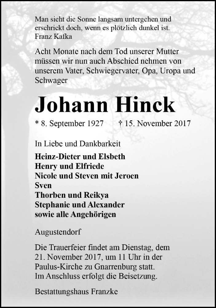  Traueranzeige für Johann Hinck vom 18.11.2017 aus Trauer.de