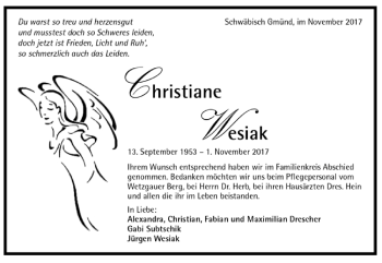 Todesanzeige von Christiane Wesiak von Trauer.de