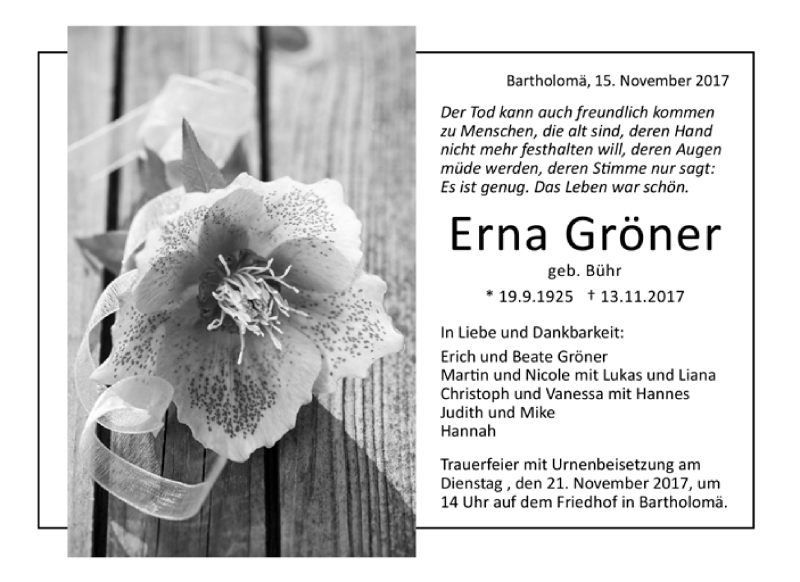  Traueranzeige für Erna Gröner vom 15.11.2017 aus Trauer.de