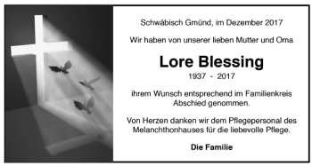 Todesanzeige von Lore Blessing von Trauer.de