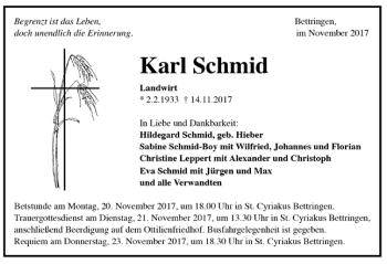 Todesanzeige von Karl Schmid von Trauer.de