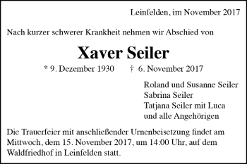 Todesanzeige von Xaver Seiler von Trauer.de