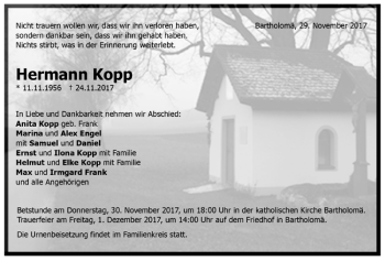 Todesanzeige von Hermann Kopp von Trauer.de