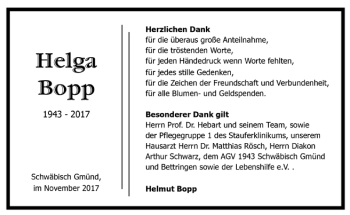Todesanzeige von Helga Bopp von Trauer.de