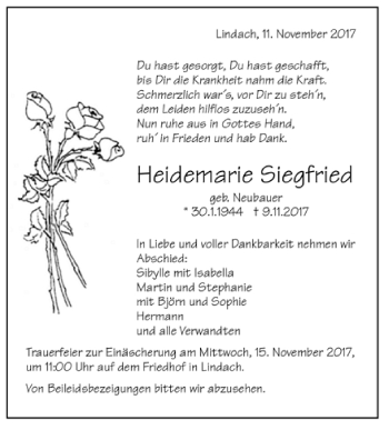 Todesanzeige von Heidemarie Siegfried von Trauer.de