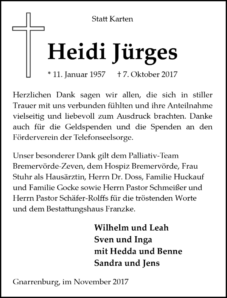  Traueranzeige für Heidi Jürgens vom 13.11.2017 aus Trauer.de
