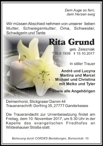Todesanzeige von Rita Grund von Trauer.de