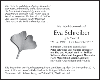 Todesanzeige von Eva Schreiber von Trauer.de