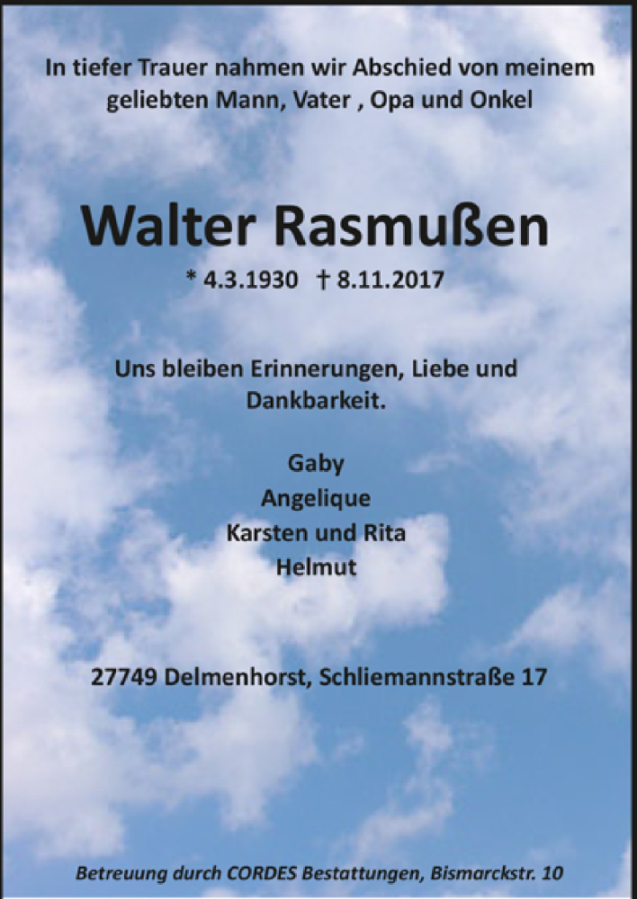 Traueranzeigen von Walter Rasmußen | Trauer.de