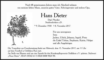 Todesanzeige von Hans Dieter von Trauer.de