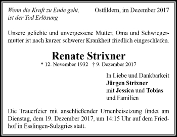 Todesanzeige von Renate Strixner von Trauer.de