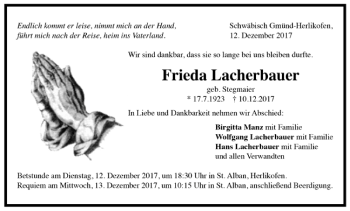 Todesanzeige von Frieda Lacherbauer von Trauer.de