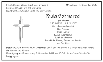 Todesanzeige von Paula Schmarsel von Trauer.de