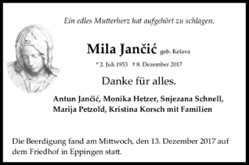 Todesanzeige von Mila Jancic von Trauer.de