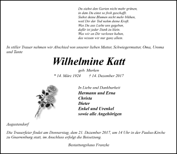 Todesanzeige von Wilhelmine Katt von Trauer.de