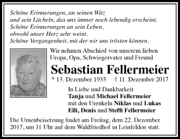 Todesanzeige von Sebastian Fellermeier von Trauer.de