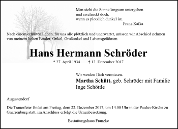 Todesanzeige von Hans Hermann Schröder von Trauer.de