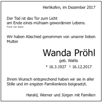 Todesanzeige von Wanda Pröhl 