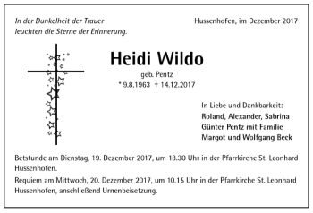 Todesanzeige von Heidi Wildo von Trauer.de