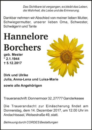 Todesanzeige von Hannelore Borchers von Trauer.de