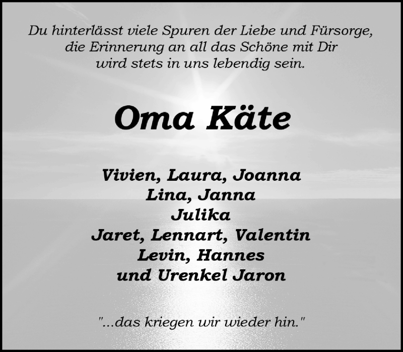  Traueranzeige für Käthe Kullik vom 14.12.2017 aus Trauer.de