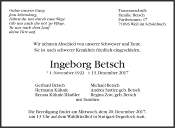 Todesanzeige von Ingeborg Betsch von Trauer.de