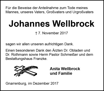 Todesanzeige von Johannes Wellbrock von Trauer.de