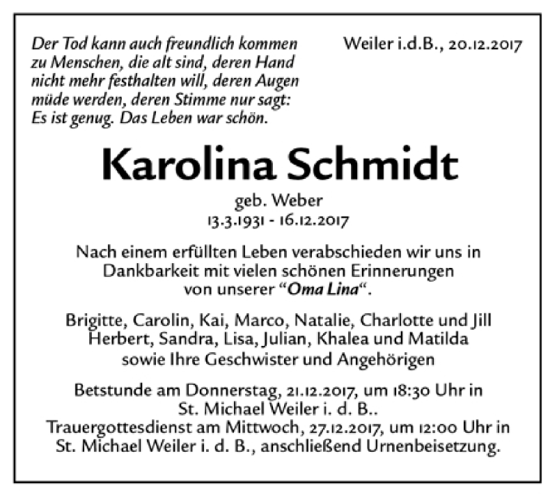  Traueranzeige für Karolina Schmidt vom 19.12.2017 aus Trauer.de