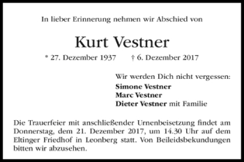 Todesanzeige von Kurt Vestner von Trauer.de