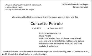 Todesanzeige von Concetto Petrolo von Trauer.de