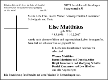 Todesanzeige von Else Matthäus von Trauer.de