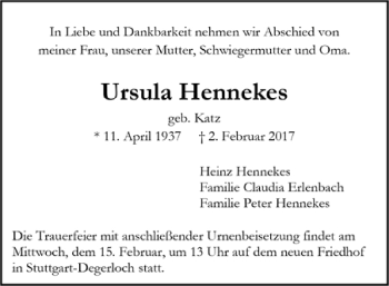 Todesanzeige von Ursula Hennekes von Trauer.de