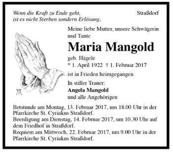 Todesanzeige von Maria Mangold von Trauer.de
