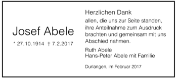 Todesanzeige von Josef Abele von Trauer.de