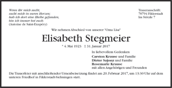 Todesanzeige von Elisabeth Stegmeier von Trauer.de