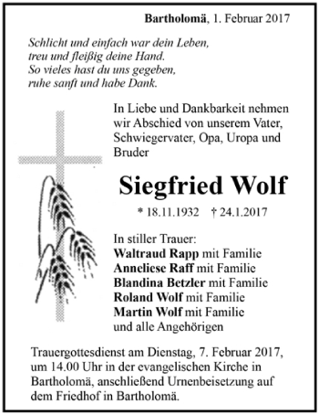 Todesanzeige von Siegfried Wolf von Trauer.de