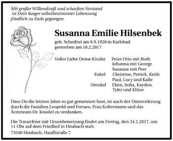 Todesanzeige von Susanna Emilie Hilsenbek von Trauer.de