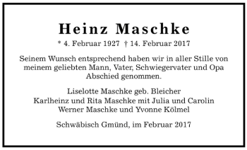 Todesanzeige von Heinz Maschke von Trauer.de