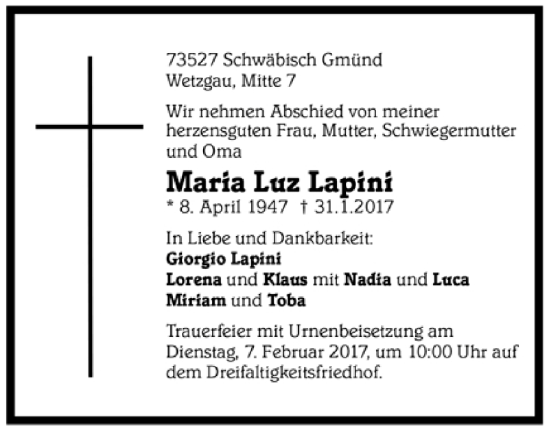  Traueranzeige für Maria Luz Lapini vom 02.02.2017 aus Trauer.de