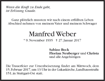 Todesanzeige von Manfred Weber von Trauer.de
