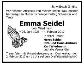 Todesanzeige von Emma Seidel von Trauer.de