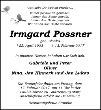Todesanzeige von Irmgard Possner von Trauer.de