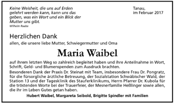 Todesanzeige von Maria Waibel von Trauer.de