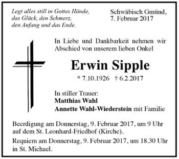 Todesanzeige von Erwin Sipple von Trauer.de