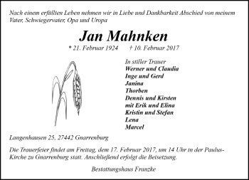 Todesanzeige von Jan Mahnken von Trauer.de